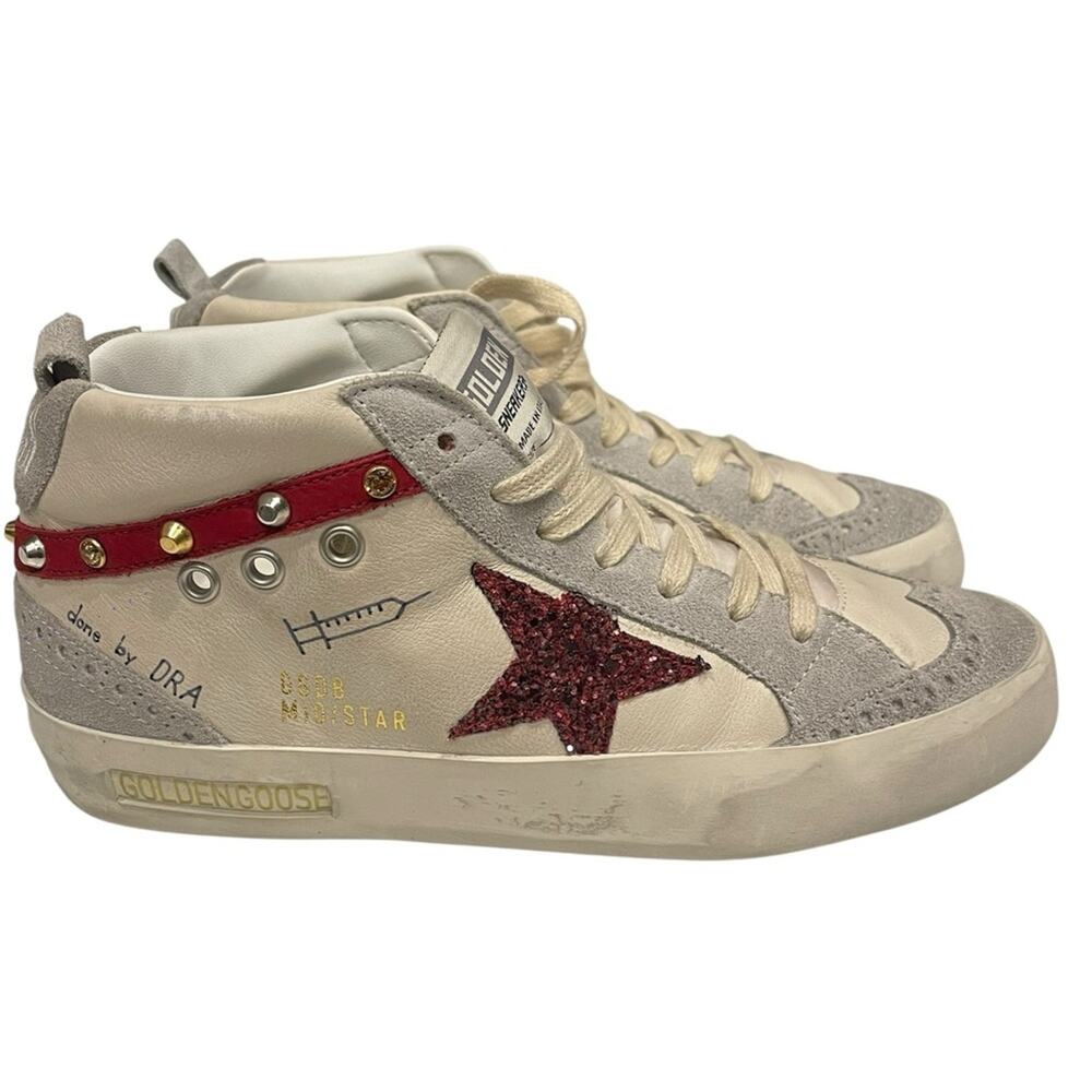 Golden Goose Mid Star High-Tops with Red Star and Gold Accents Sz:38/US:8